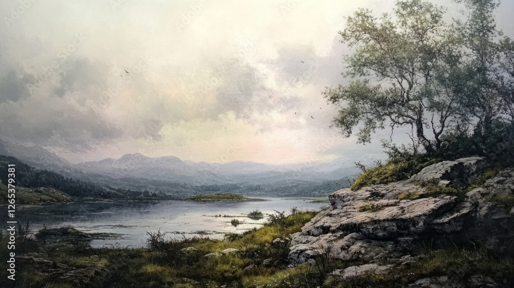Fototapeta premium Lakeside landscape, tranquil scene, mountains, overcast sky