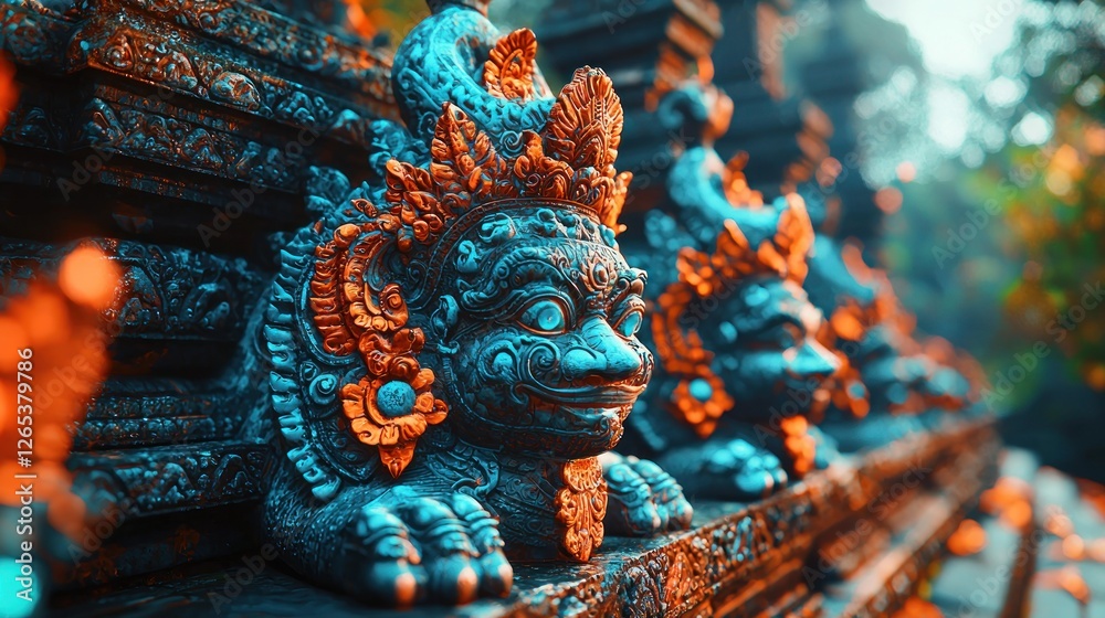 Fototapeta premium Balinese temple guardians, ornate stone carvings, Indonesian temple, lush forest background