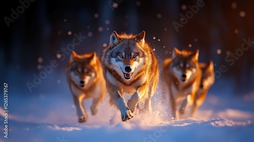 A captivating scene of three wolves running through the snow, showcasing their agility and strength. The winter landscape adds a dramatic backdrop, emphasizing their wild beauty. photo