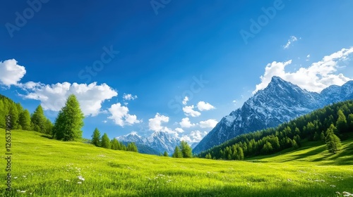 A breathtaking view of lush green fields beneath a bright blue sky with scattered clouds and majestic snow-capped mountains in the background, creating a serene natural landscape.