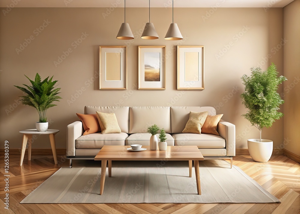 Obraz premium Simple beige living room. Sofa, coffee table, and empty frames.