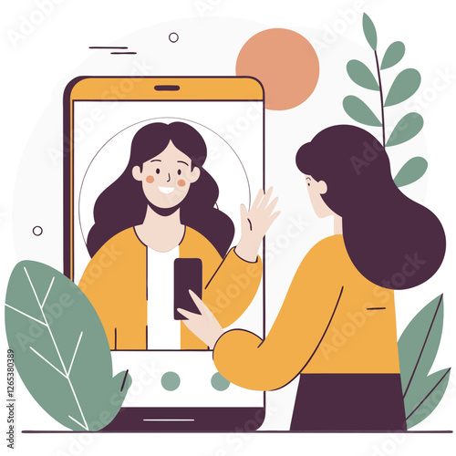 A woman of mixed descent takes a selfie in front of a smartphone amidst vibrant foliage, showcasing her expressive style. Bright colors and a playful design enrich the scene.