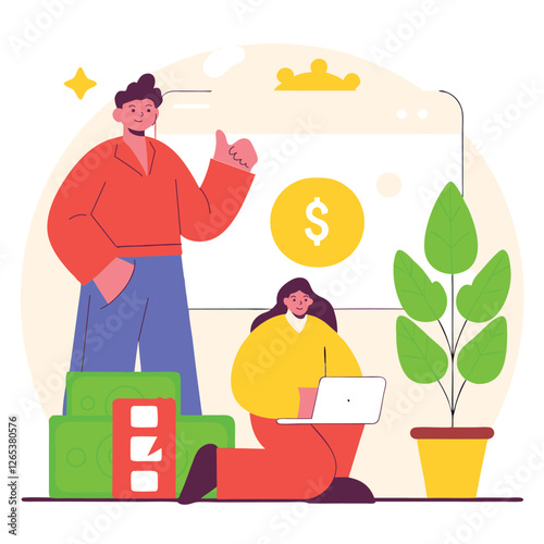 A digital illustration of diverse individuals, one male and one female, working on laptops in an office setting with plants and modern decor.