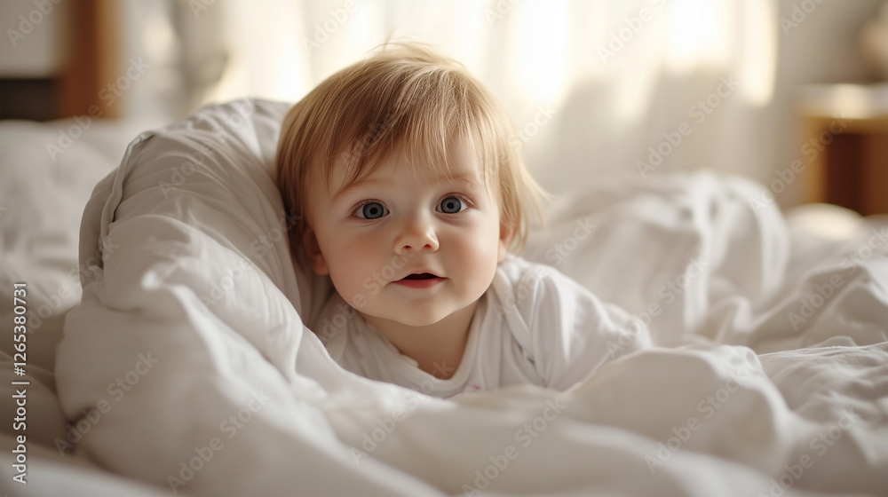 A baby is laying on a bed with a blanket A baby is laying on a bed with a blanket