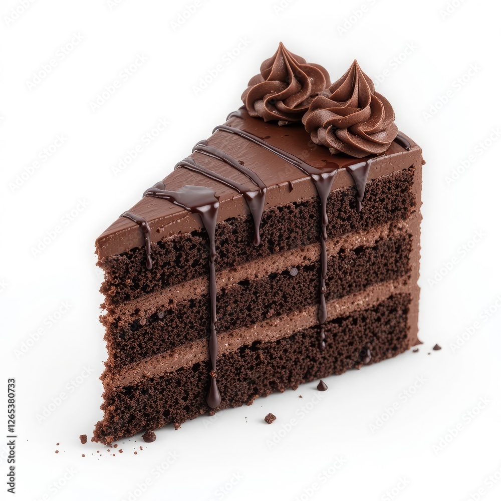 Slice of Chocolate Cake with Three Layers, Topped with Chocolate Frosting and Drizzled with Chocolate Syrup, Delicious Dessert, Indulgent Treat Slice of Chocolate Cake with Three Layers, Topped with Chocolate Frosting and Drizzled with Chocolate Syrup, Delicious Dessert, Indulgent Treat