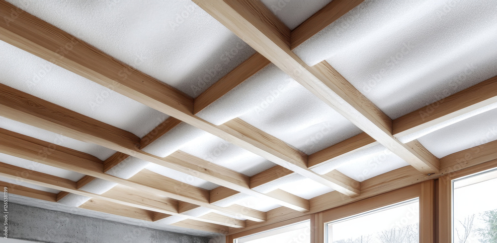 This close-up showcases the intricate wooden beams and textured ceiling, emphasizing modern design elements in an interior setting This close-up showcases the intricate wooden beams and textured ceiling, emphasizing modern design elements in an interior setting