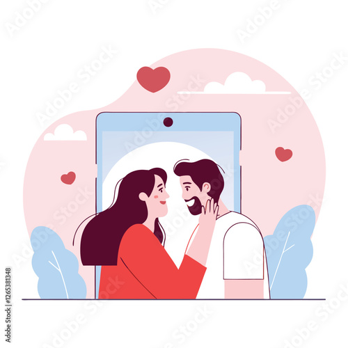 A romantic illustration depicting a couple sharing a tender moment, surrounded by hearts and foliage. It showcases diversity and connection.