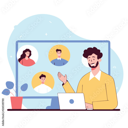 A diverse group of individuals are depicted in a video call, showcasing a multicultural environment in a professional setting with modern technology.