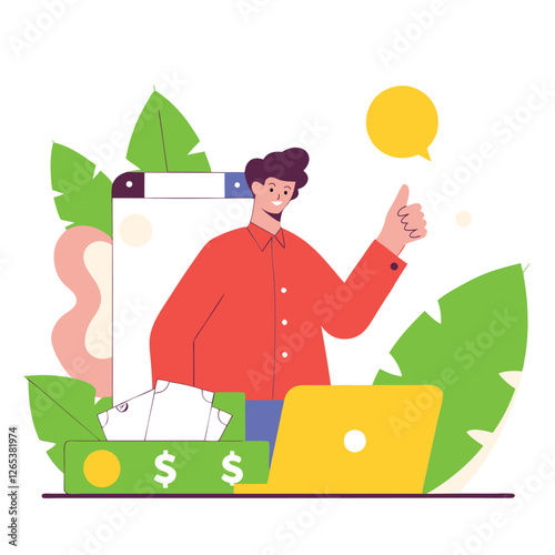 An illustration of an Asian businessman giving a thumbs-up in a vibrant workspace, surrounded by leaves and digital elements.