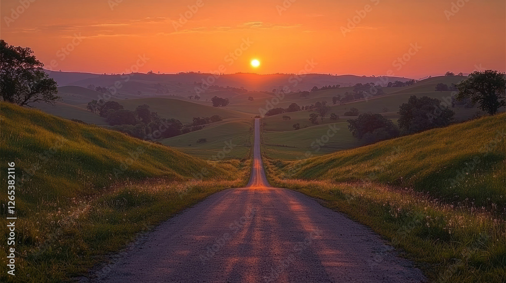 Fototapeta premium Serene open road stretches through rolling green hills under vibrant sunset sky.