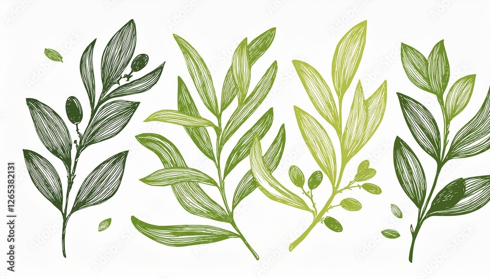 Fototapeta premium Leaf brush hand drawn ink elements. Green crayon texture brush abstract olive, flower, leaf abstract hand drawn illustration. Brush branch, botanical floral silhouette vector illustration