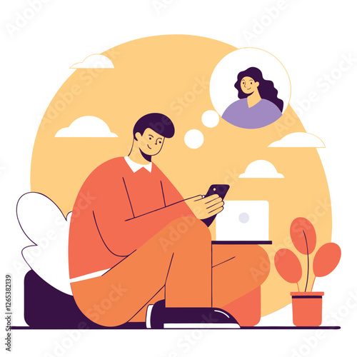 A young european person sits comfortably while using a smartphone, surrounded by plants in a cozy environment, reflecting a blend of technology and nature.