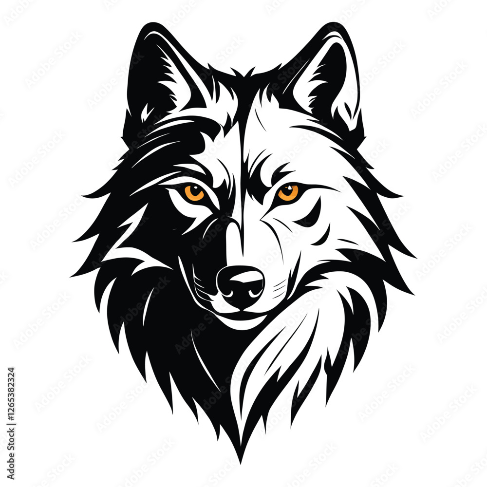 Fototapeta premium A powerful, stylized black and white graphic of a wolf's head.