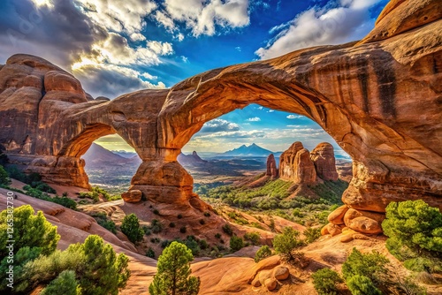 Stunning digital double arch, Arches National Park, AI art. photo