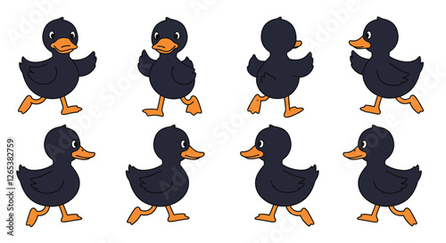 Animated duck characters in playful poses showcasing a flat design style vector illustration