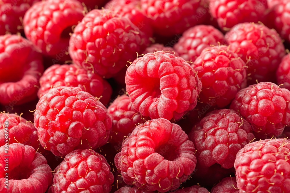 Fresh, vibrant raspberries piled together with natural texture and color