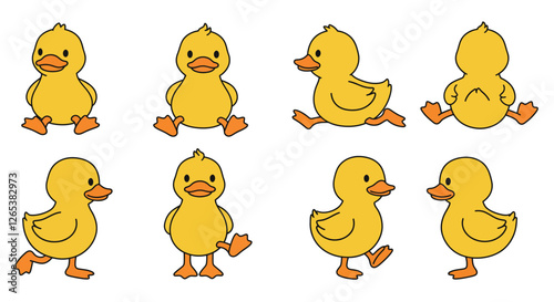 Cute yellow duck animations in flat style showcasing playful movements and expressions vector illustration