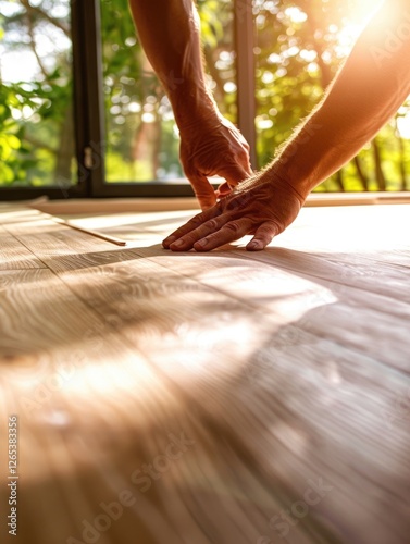 Wallpaper Mural Home improvement concept with hands repairing wooden floor in sunlit room Torontodigital.ca