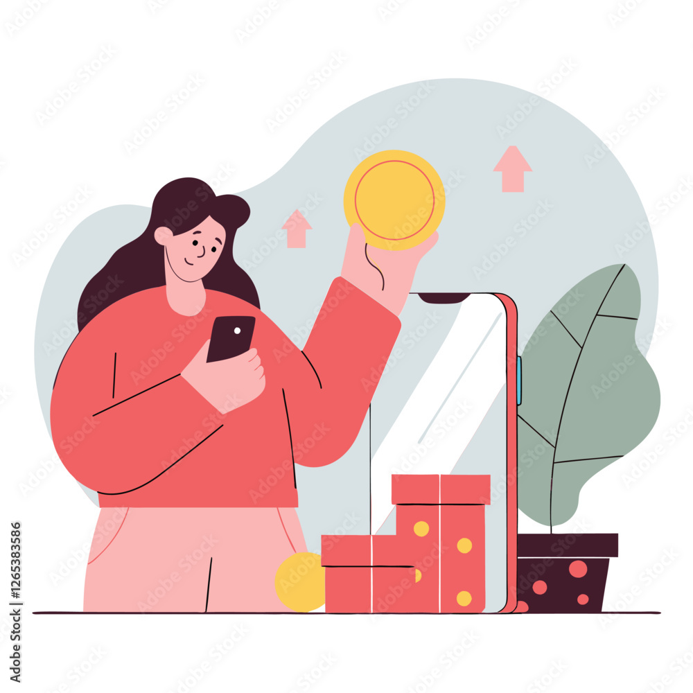 Fototapeta premium An illustrated woman with wavy hair, dressed in a light blue sweater, uses her phone while holding a blue circle against a modern background of shapes.