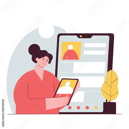 A woman of unspecified ethnicity engages with a digital tablet, surrounded by plants and a modern backdrop, showcasing technology in a flat illustration style.