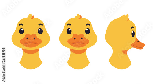 Detailed yellow duck character design in flat vector art style showcasing three different angles vector illustration