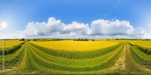 Fields in summer day with awesome clouds - Equirectangular 360 degree landscape