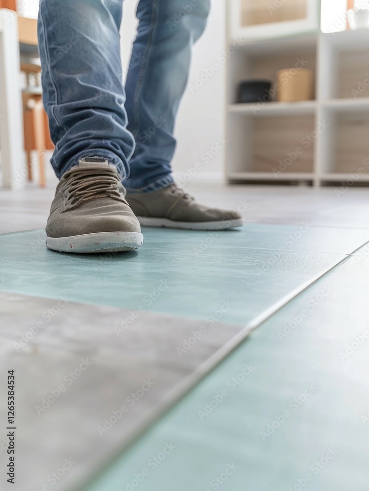 Floor repair process showing tools and worker's footwear in home renovation scene Floor repair process showing tools and worker's footwear in home renovation scene