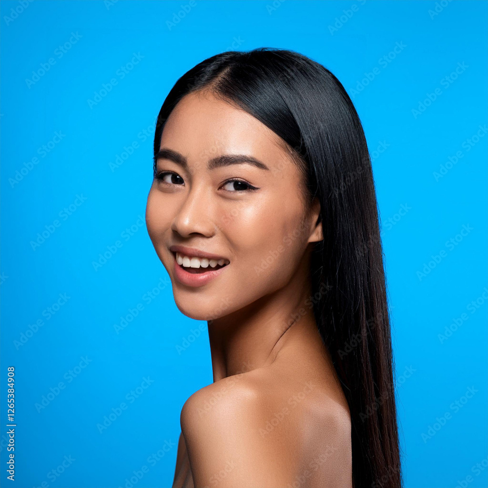 Fototapeta premium Woman with Long Black Hair Smiling in Blue