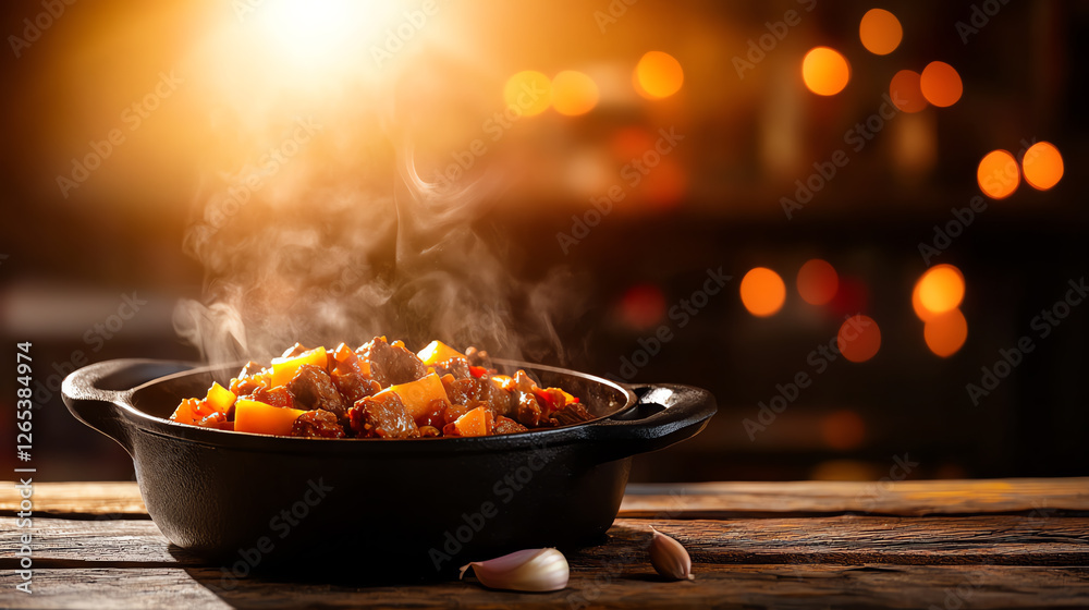 A steaming pot of delicious stew sits on a rustic wooden table, illuminated by warm, glowing light. The inviting aroma fills the air, perfect for cozy evenings and gatherings. A steaming pot of delicious stew sits on a rustic wooden table, illuminated by warm, glowing light. The inviting aroma fills the air, perfect for cozy evenings and gatherings.
