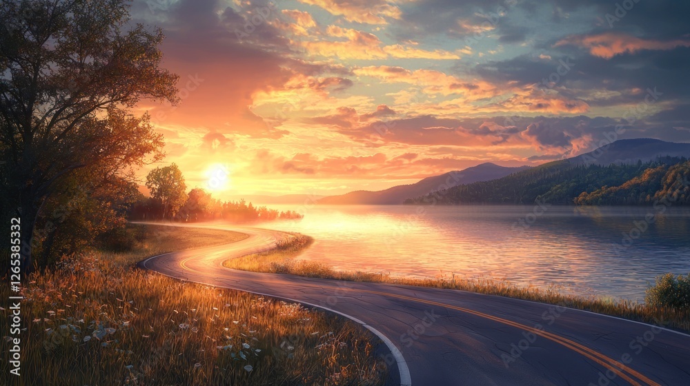 Fototapeta premium Sunset Drive by the Lake: A Serene Journey