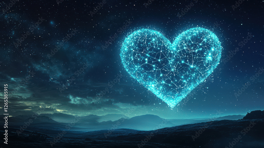 glowing heart made of constellations shines brightly in starry sky, evoking sense of wonder and connection glowing heart made of constellations shines brightly in starry sky, evoking sense of wonder and connection