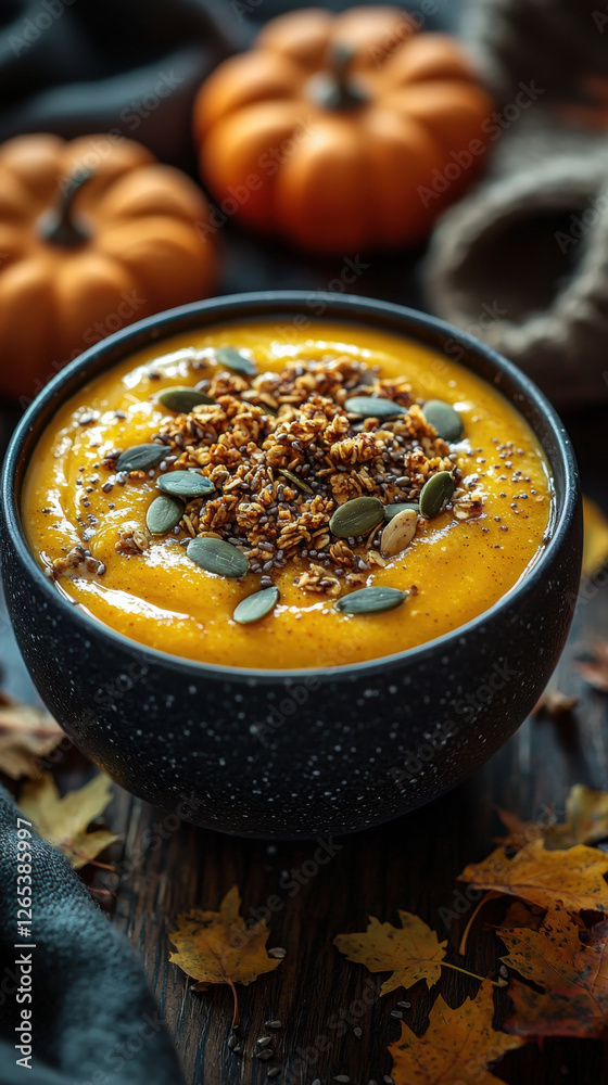 Vibrant pumpkin spice smoothie bowl garnished with granola, seeds, and autumn leaves. Vibrant pumpkin spice smoothie bowl garnished with granola, seeds, and autumn leaves.