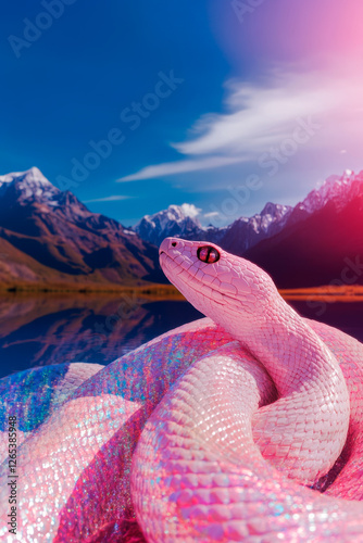 Pink and Glittery Snake and Mountain Lake. Generative AI