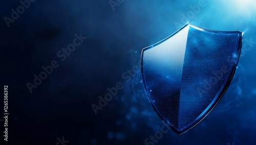 A sleek blue shield emblem against a dark, misty background, symbolizing protection