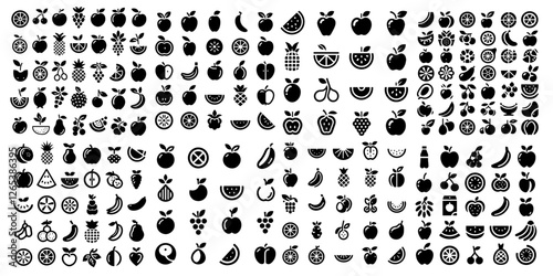 Minimalist Fruit Icon Set with Apple, Watermelon, Pineapple, Orange, Grapes, Banana, Peach, Healthy Food, Fresh Vector Design