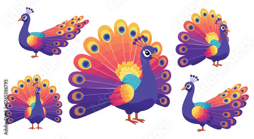 Colorful peacock transformation in detailed flat vector illustration showcasing vibrant plumage and poses