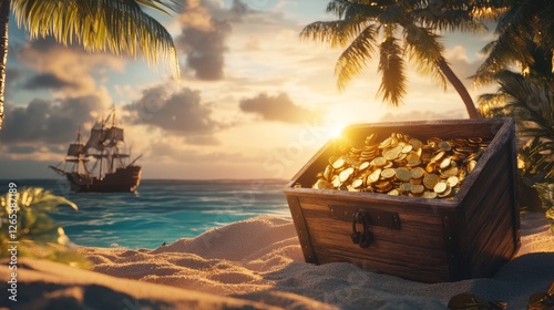 treasure chest with gold coins on an island.pirate concept