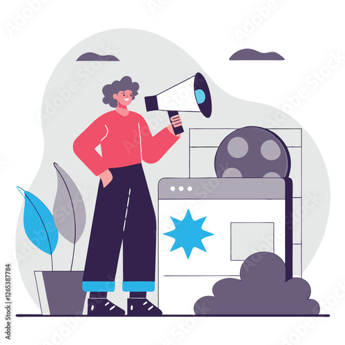 A cartoon illustration of a European character holding a megaphone in a vibrant setting, conveying enthusiasm and creativity. Ideal for concept visuals.