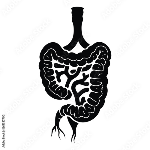 This stylized, black and white vector graphic depicts the human digestive system.