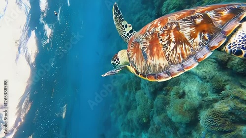 Vertical closeup view of a green sea turtle swimming under the ocean