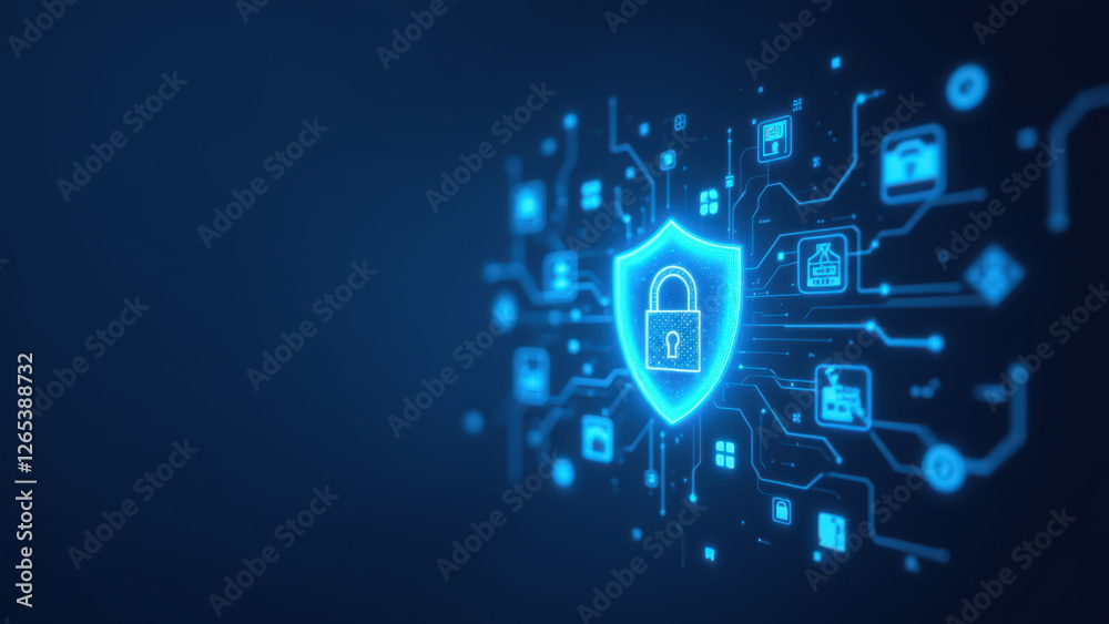 Image shows a graphical representation of cyber protection with digital icons for lock, shield, and network connectivity set against a dark background with blue digital glow effects. Image shows a graphical representation of cyber protection with digital icons for lock, shield, and network connectivity set against a dark background with blue digital glow effects.