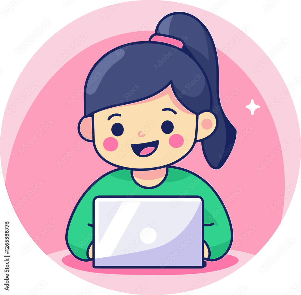 Cheerful child engaged in online learning while sitting at a desk with a laptop cartoon isolated on transparent background. Vector illustration. Cheerful child engaged in online learning while sitting at a desk with a laptop cartoon isolated on transparent background. Vector illustration.