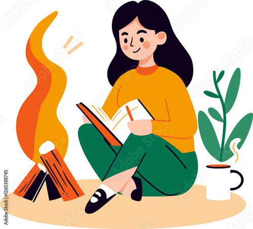 Cozy reading by the fire while enjoying a warm drink cartoon isolated on transparent background. Vector illustration.