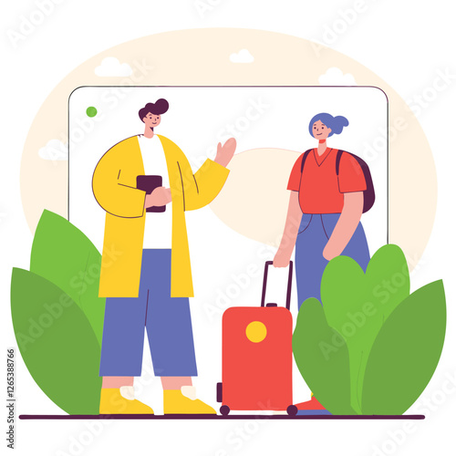 A vibrant illustration depicting two individuals, one with light features and the other with medium features, engaging in conversation amidst colorful plants.