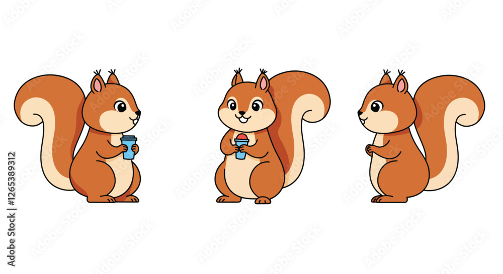 Cute cartoon squirrel character in three poses minimal vector illustration Cute cartoon squirrel character in three poses minimal vector illustration