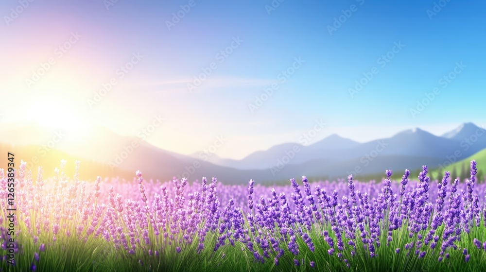 Obraz premium A stunning lavender field in full bloom under a clear blue sky, with gentle sunlight illuminating the vibrant purple flowers