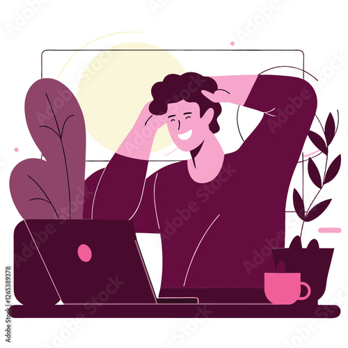 A joyful young man of European descent sitting at his desk, smiling as he works on his laptop, surrounded by plants and a coffee mug.