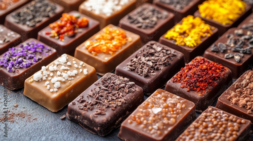 A tempting array of gourmet chocolate squares showcases diverse toppings