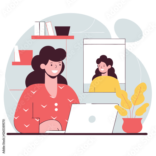 A woman of mixed ethnicity sits at a desk working on a laptop, surrounded by plants in a cartoon-style illustration.