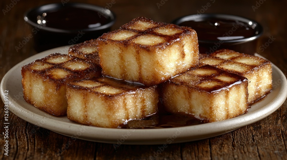 Caramelized Waffle Squares with Chocolate Dipping Sauces on Plate Caramelized Waffle Squares with Chocolate Dipping Sauces on Plate